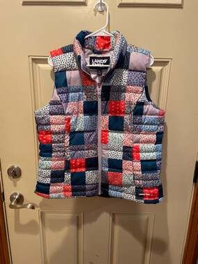 Lands' End Women's Quilted Down Puffer Vest.  patchwork pattern.